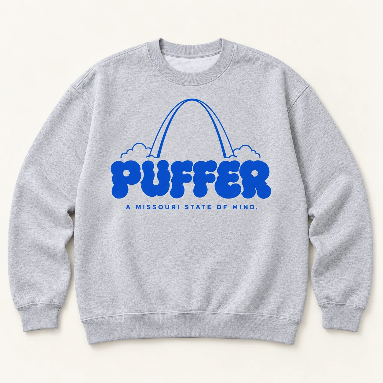 Missouri Crewneck — Front — Heather gray / Cobalt print — digital product mockup