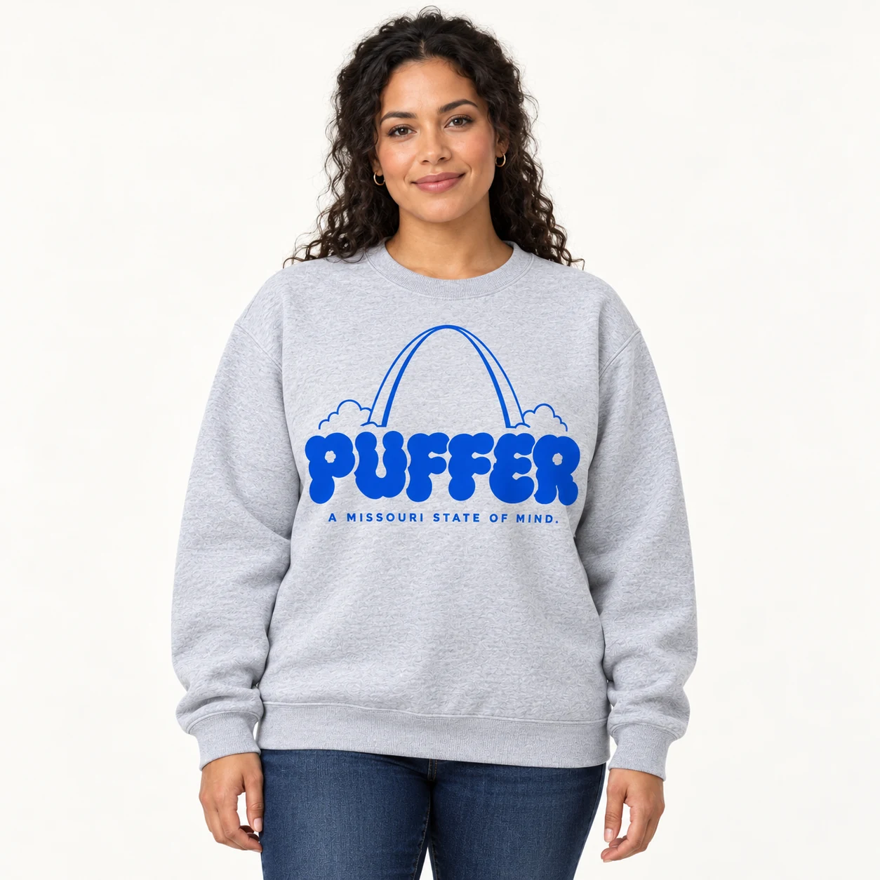 Missouri Crewneck — On model — Heather gray / Cobalt print — digital mockup