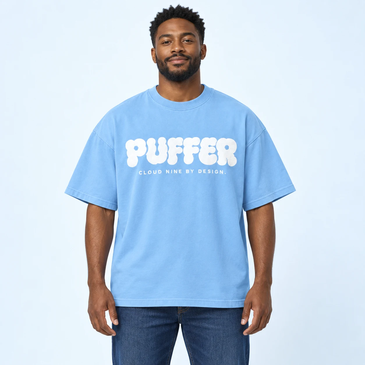 Cloud Nine Tee — On model — Sky blue / White print — digital mockup