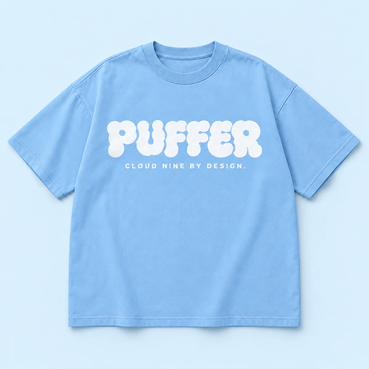 Cloud Nine Tee — Front — Sky blue / White print — digital product mockup